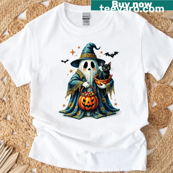 A cartoon ghost holding a black cat with floral designs on a t-shirt