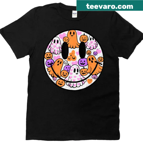 Cute Halloween T-shirt with a happy ghost and pumpkin graphic