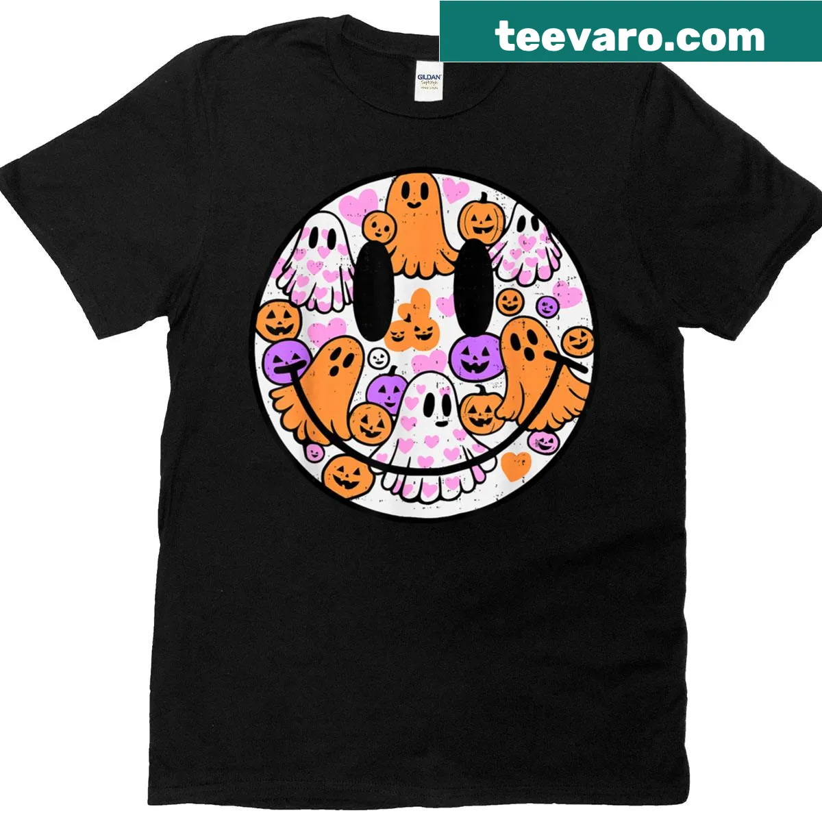 Cute Halloween T-shirt with a happy ghost and pumpkin graphic — on a men's t-shirt
