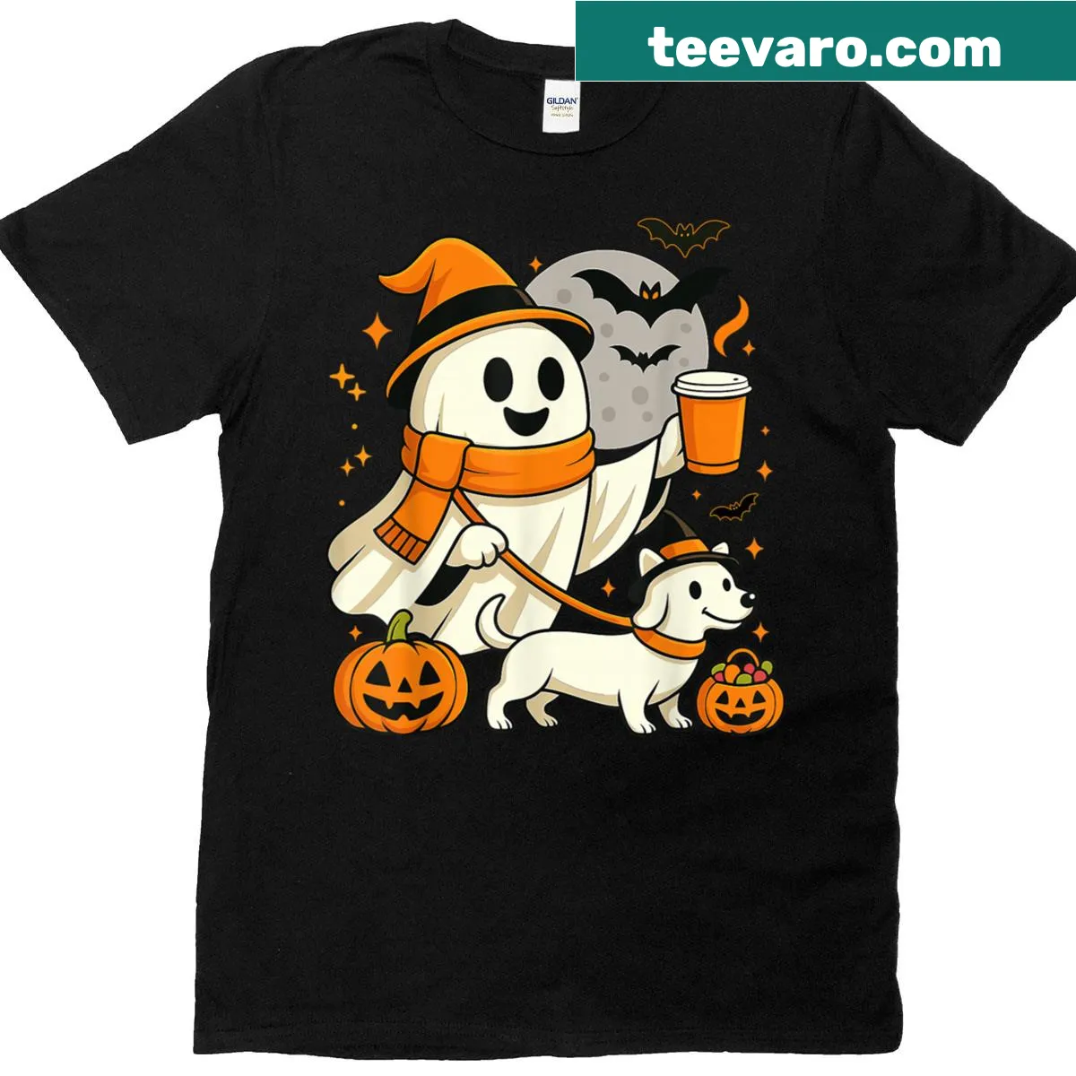 Ghost-themed T-shirt featuring a dachshund for Halloween — on a men's t-shirt