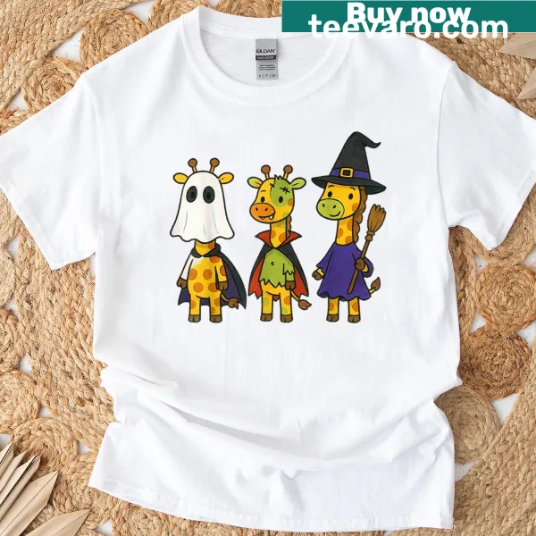 Cute giraffe witch with zombie friends for Halloween kids t-shirt