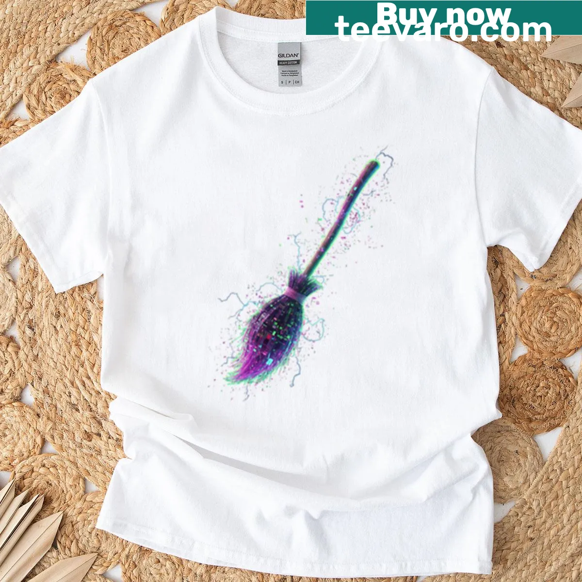 Broomstick design with a digital glitch effect on a t-shirt — on a men's t-shirt