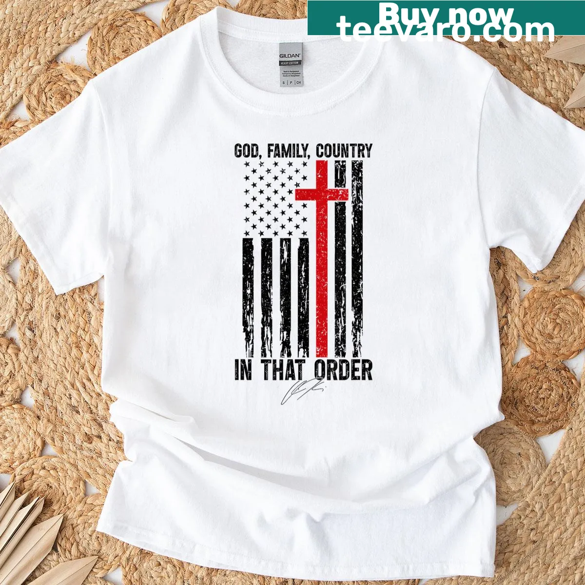Vintage-style t-shirt featuring the phrases God, Family, and Country under a distressed US flag. — on a men's t-shirt