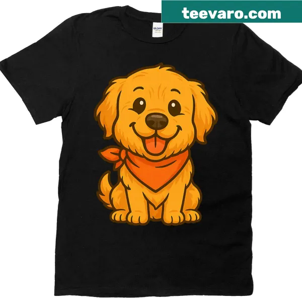 Cute chibi golden retriever graphic on a t-shirt.