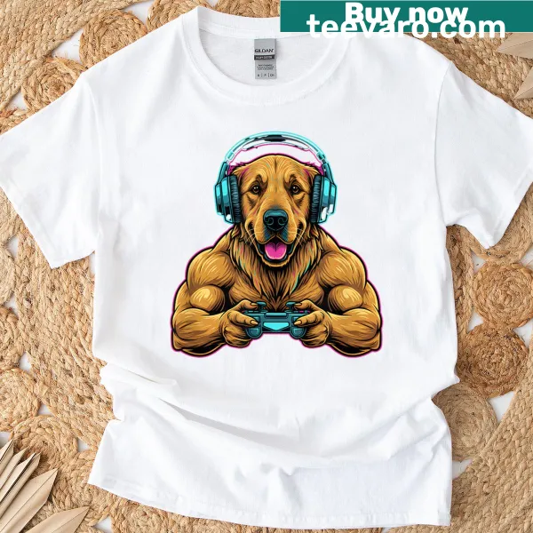 Funny T-shirt with a muscular golden retriever holding a video game controller