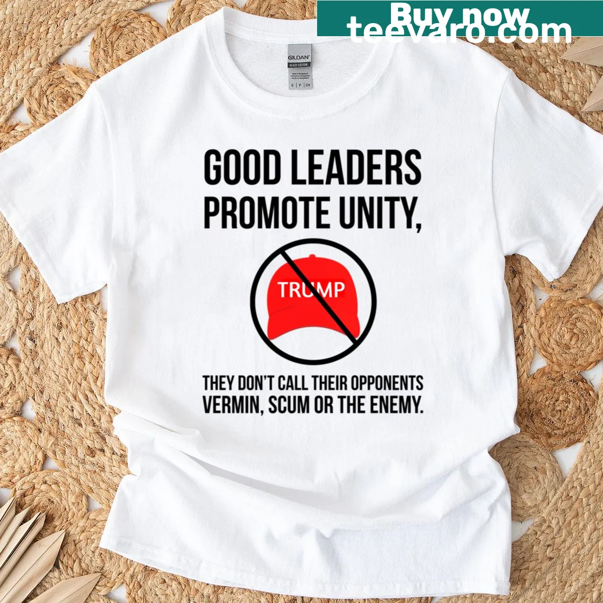 T-shirt with Good Leaders Promote Unity graphic — on a men's t-shirt