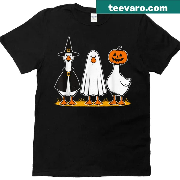 Funny Halloween t-shirt with goose witch and pumpkin design