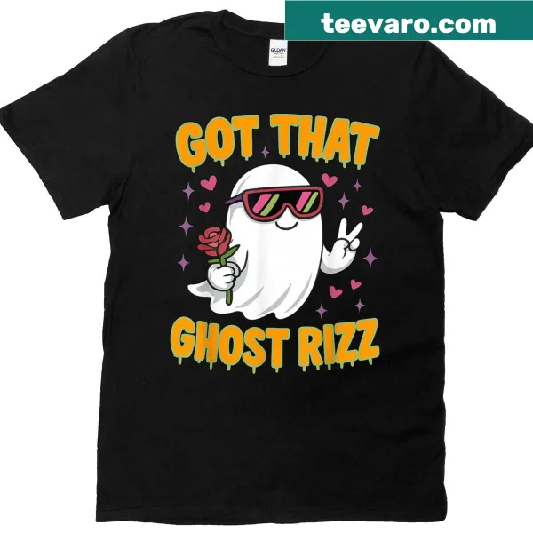 Funny Halloween T-shirt with ghost graphic and text saying Got That Ghost Rizz