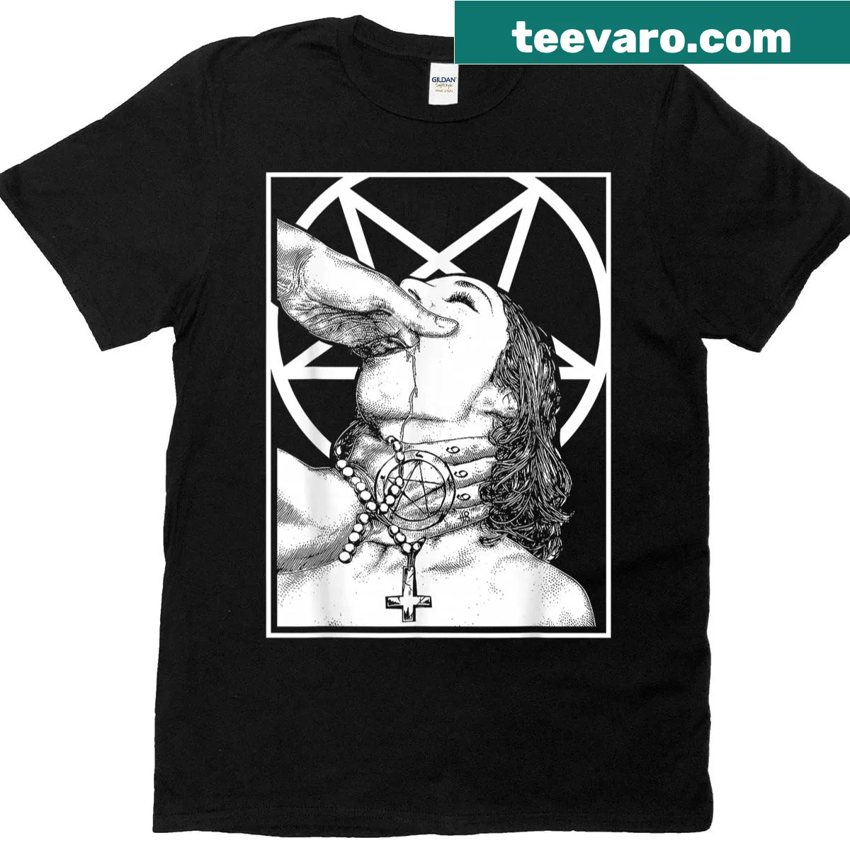 Gothic Halloween t-shirt featuring a nun and Baphomet design. — on a men's t-shirt