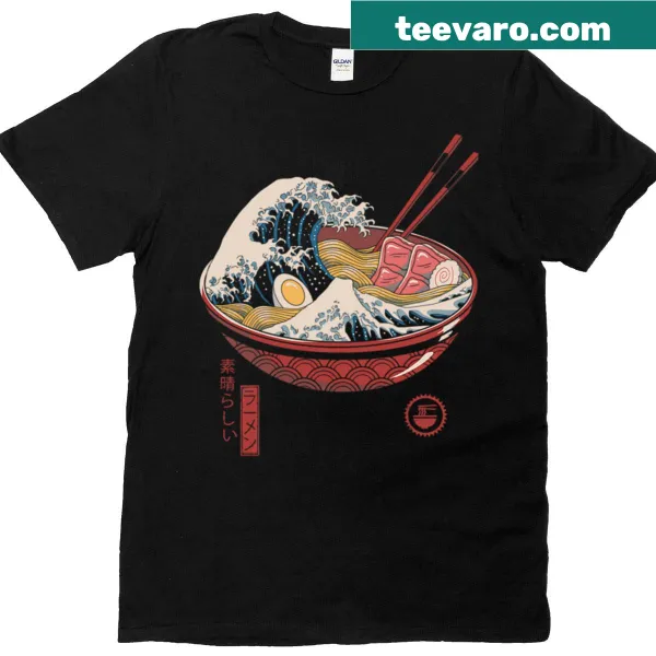 Artistic ramen bowl design with waves on a t-shirt