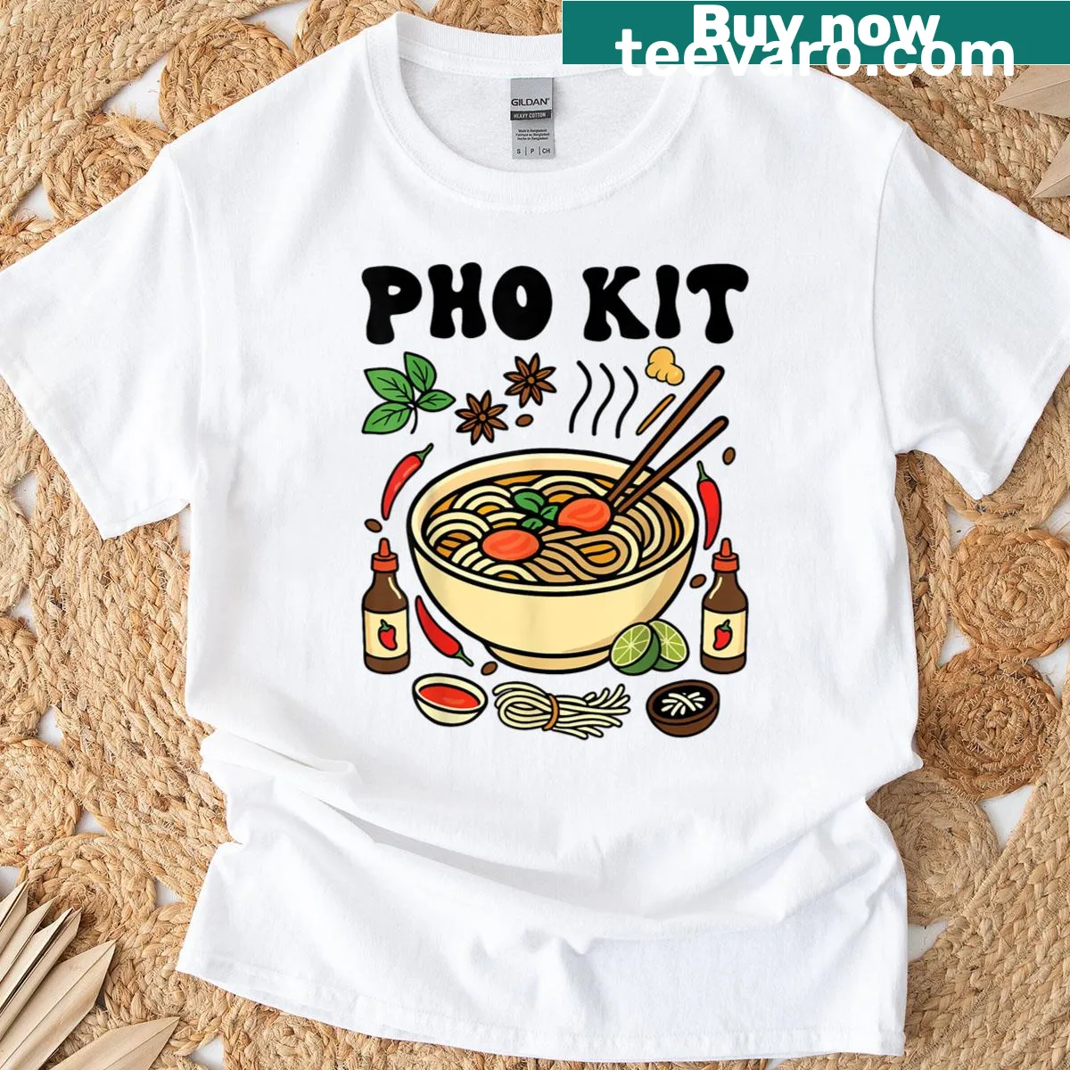 Illustration of Pho Kit and hot sauce on T-shirt — on a men's t-shirt