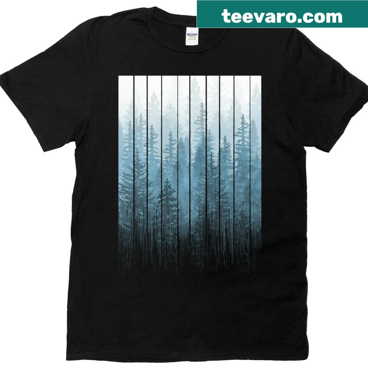 Grunge turquoise T-shirt featuring a misty forest design with dripping effects — on a men's t-shirt