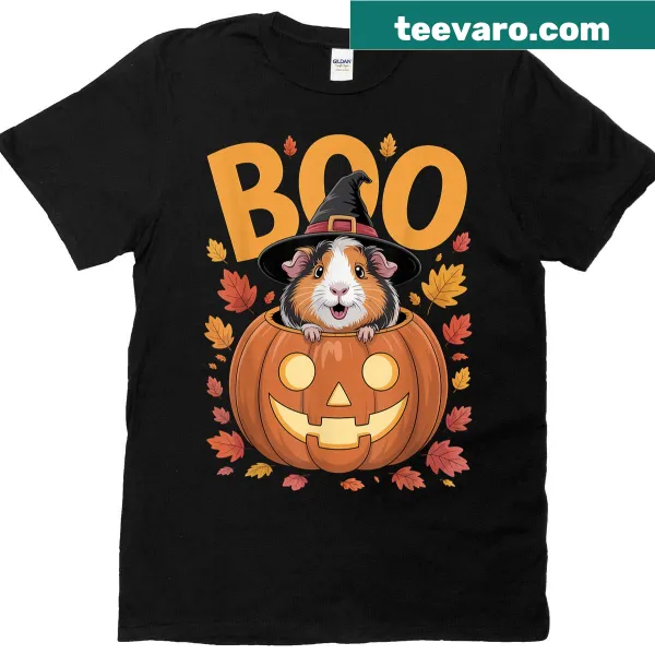 Adorable guinea pig in a pumpkin costume graphic on a T-shirt.