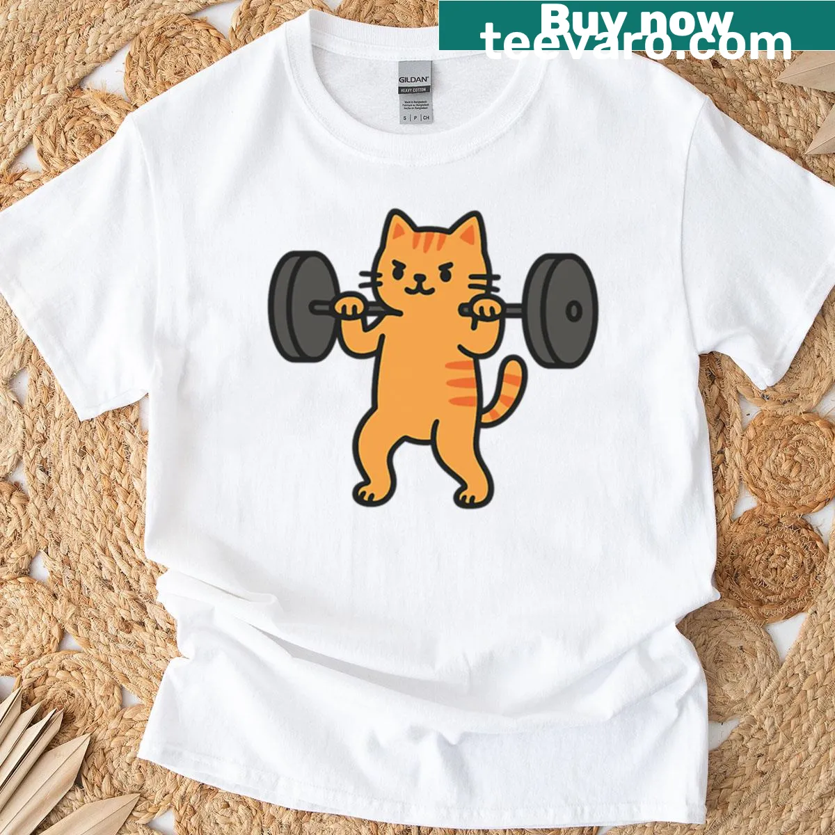 Cartoon cat lifting weights graphic t-shirt for gym lovers — on a men's t-shirt