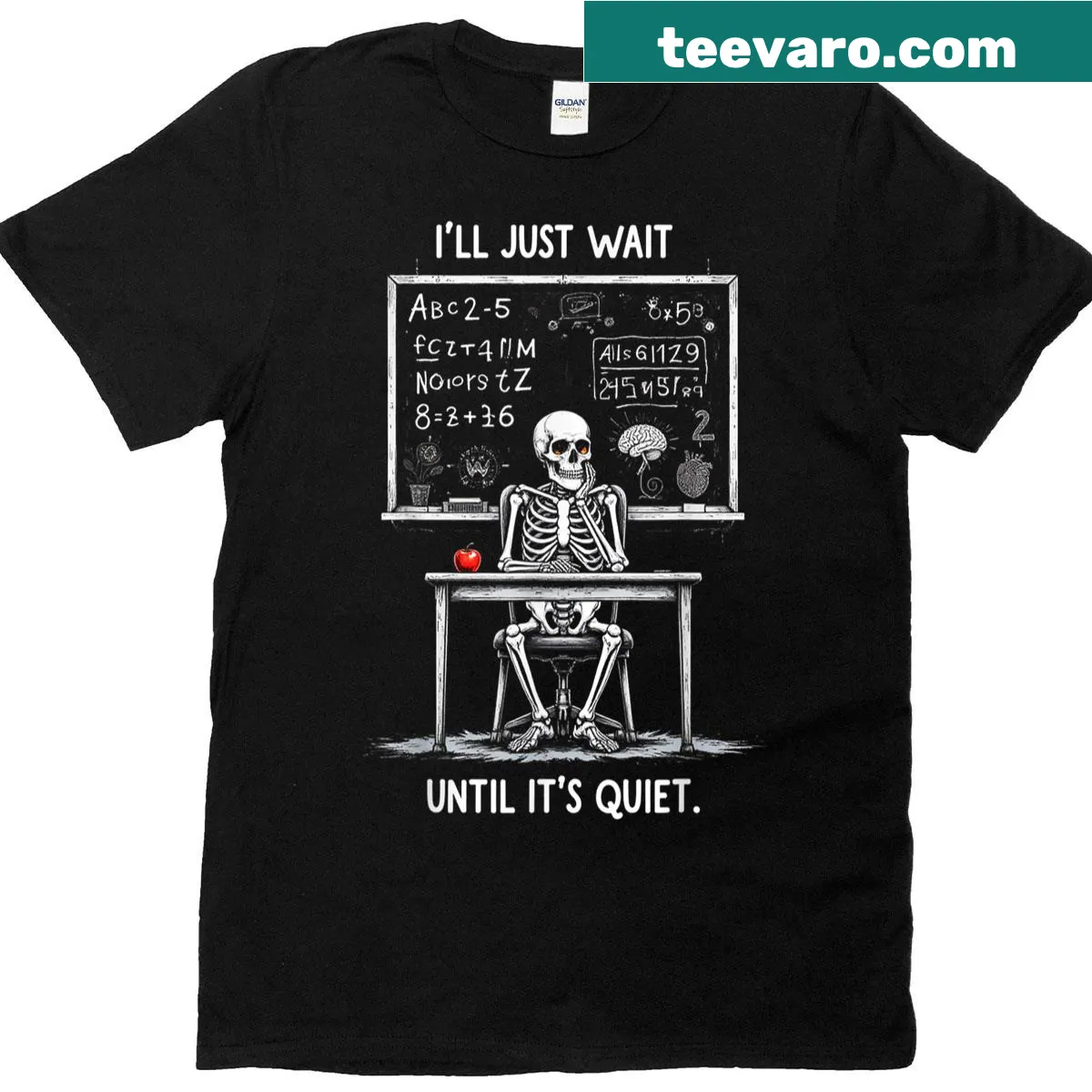 Funny skeleton teacher graphic on Halloween T-shirt — on a men's t-shirt