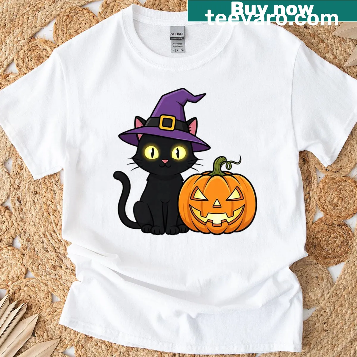 Funny Halloween black cat with witch hat and pumpkin graphic — on a men's t-shirt