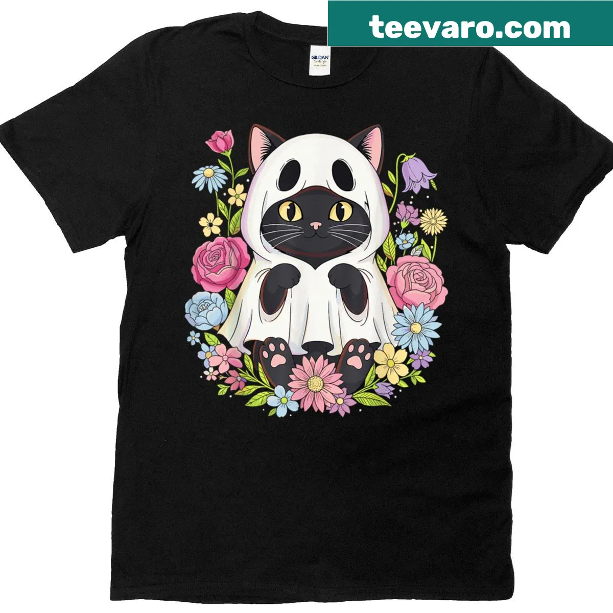 Funny Halloween ghost in black cat costume t-shirt design — on a men's t-shirt