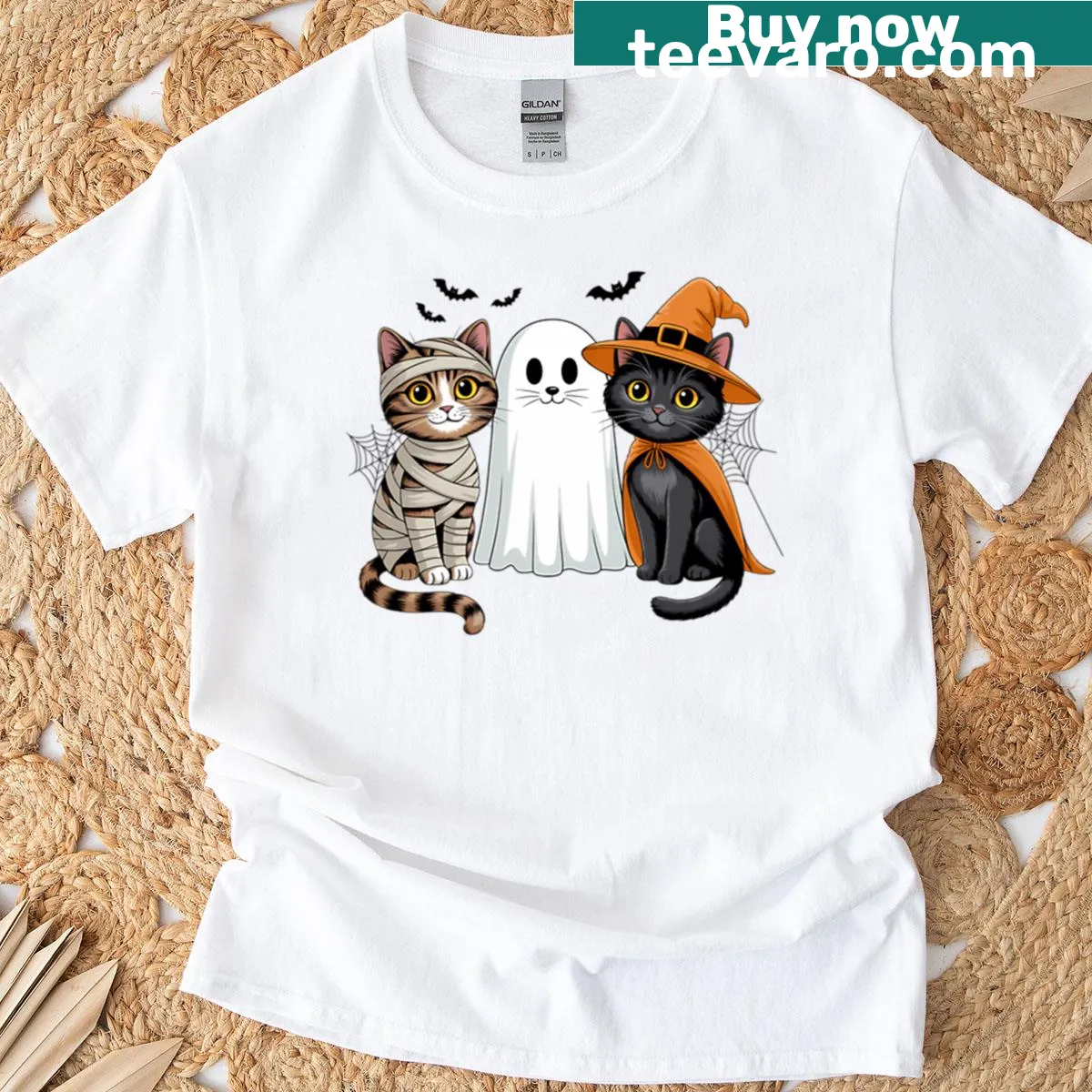 Whimsical design of black cats for Halloween lovers. — on a men's t-shirt