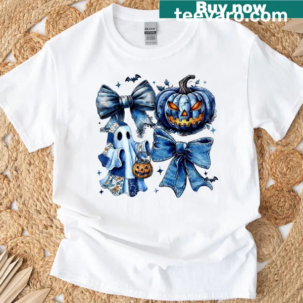 Unique blue denim patchwork design with playful ghosts for Halloween