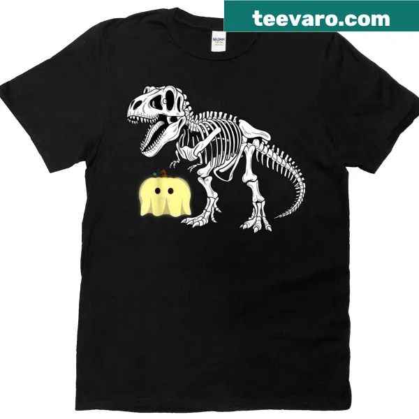 Funny Halloween dinosaur skeleton T-shirt with pumpkins for boys.