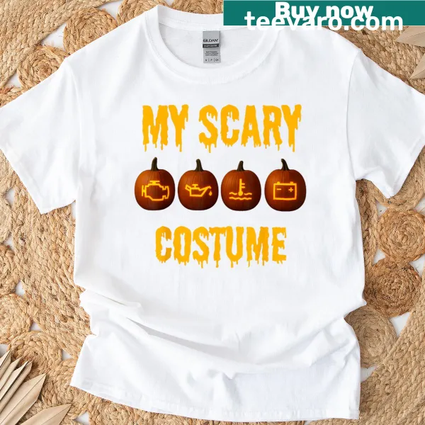 Halloween T-shirt with car warning lights and spooky elements.