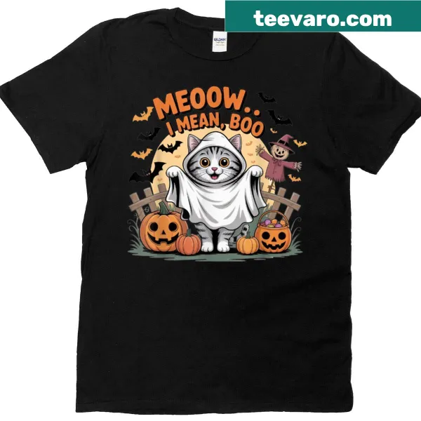 Cute Halloween cat ghost with pumpkins and bats T-shirt for kids.