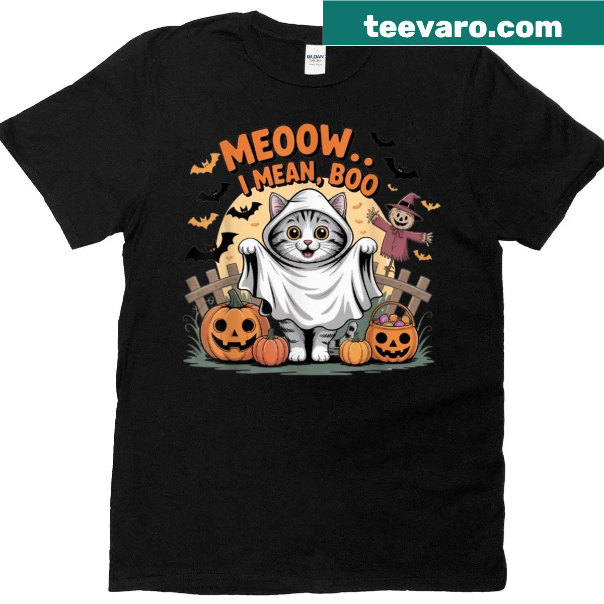 Cute Halloween cat ghost with pumpkins and bats T-shirt for kids. — on a men's t-shirt