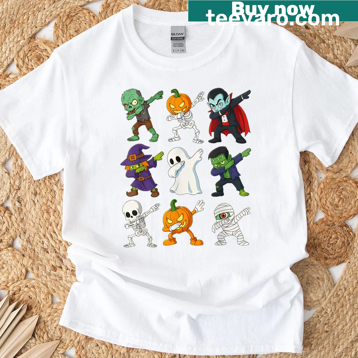 Dabbing skeleton Halloween design with pumpkins and mummies — on a men's t-shirt