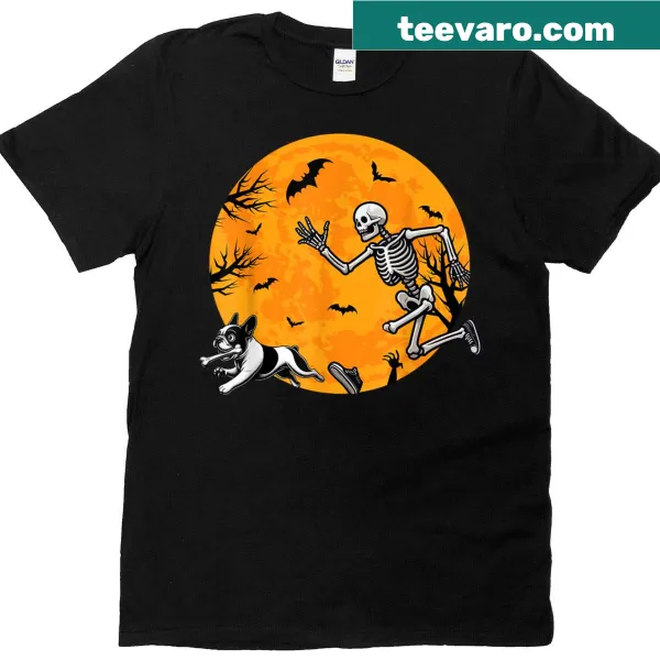 Illustration of a skeleton dog chasing a French Bulldog for Halloween