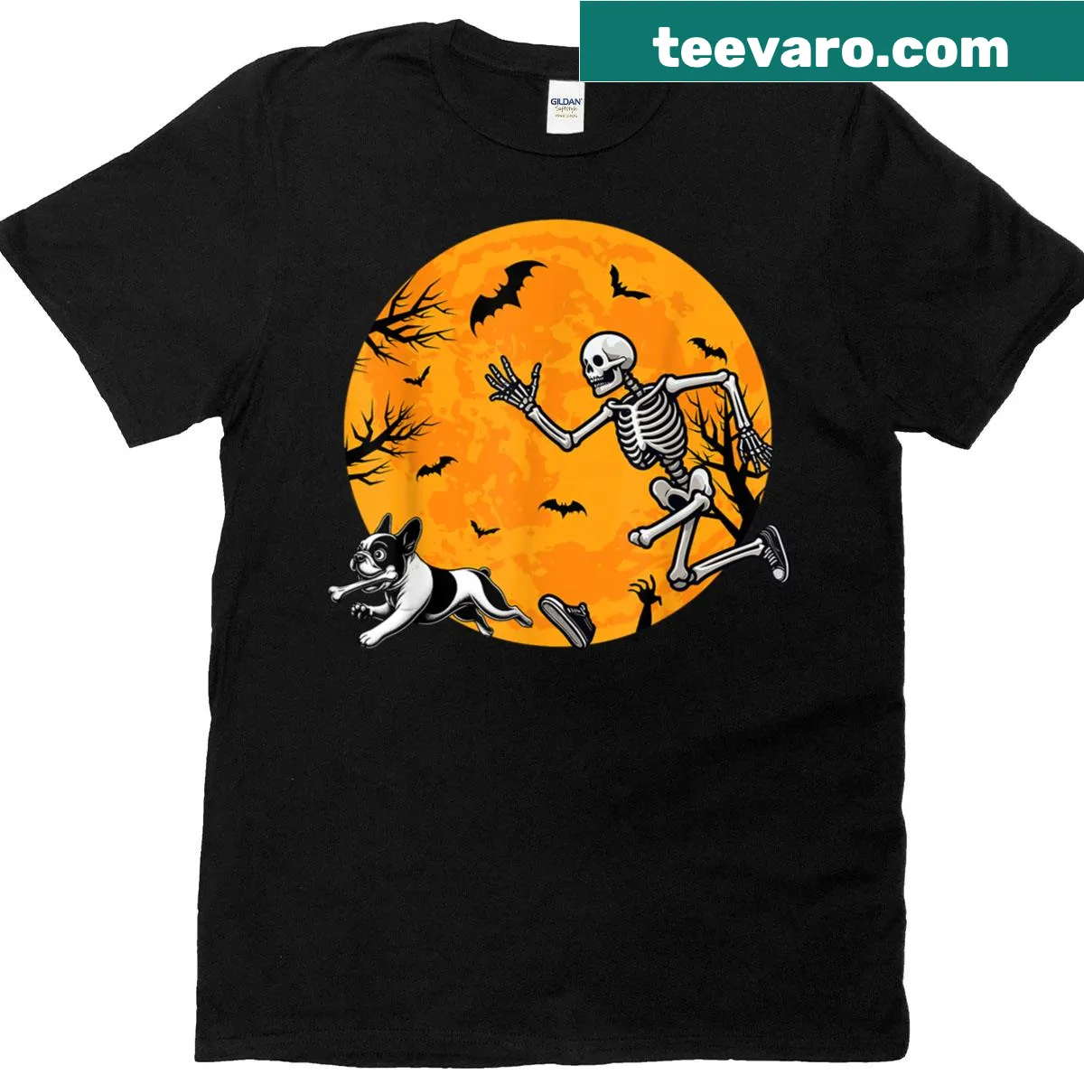 Illustration of a skeleton dog chasing a French Bulldog for Halloween — on a men's t-shirt
