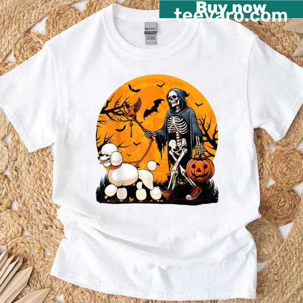 Illustration of a dog skeleton leading a poodle for Halloween.
