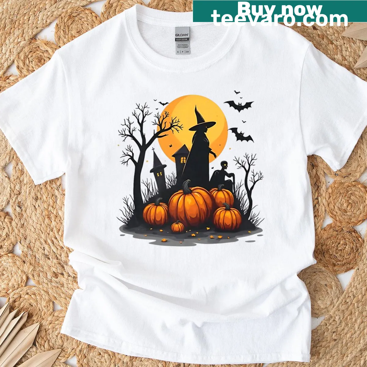 Minimalist Halloween design featuring pumpkins, bats, and witches — on a men's t-shirt