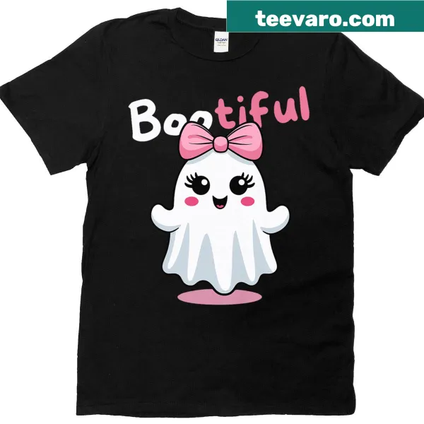 Cute ghost in a cape and bow graphic on a T-shirt.