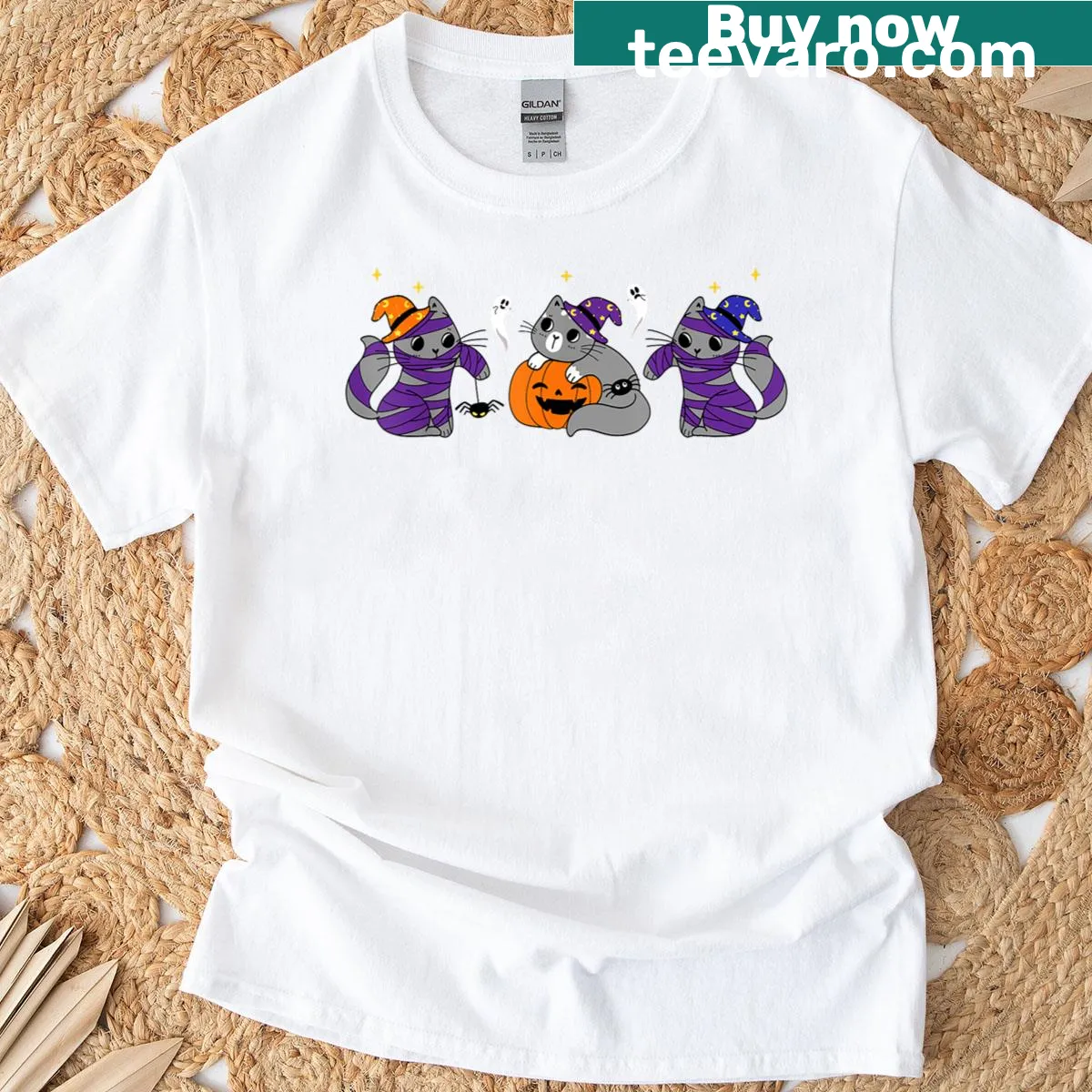 Cute Halloween shirt with ghost cats, mummy, and witch design — on a men's t-shirt