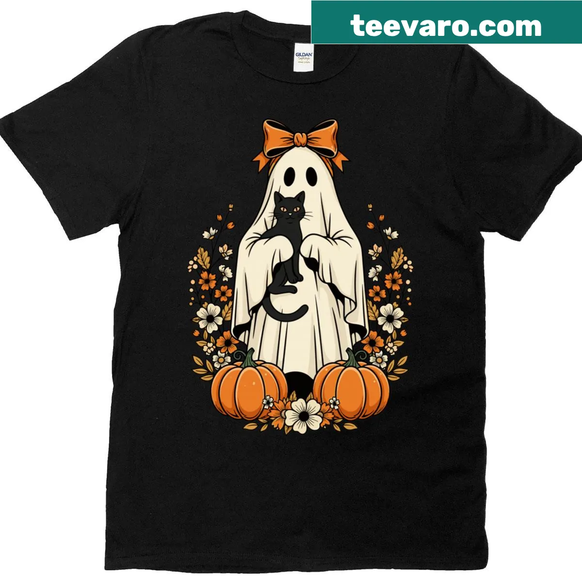 Cute Halloween ghost with black cat and pumpkin t-shirt design — on a men's t-shirt