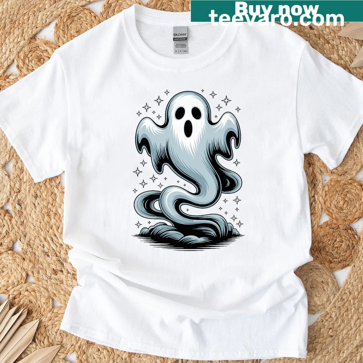 Spooky ghost-themed Halloween T-shirt — on a men's t-shirt