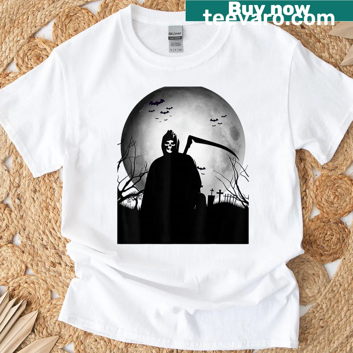 Graphic of Grim Reaper with a scary ghost face — on a men's t-shirt