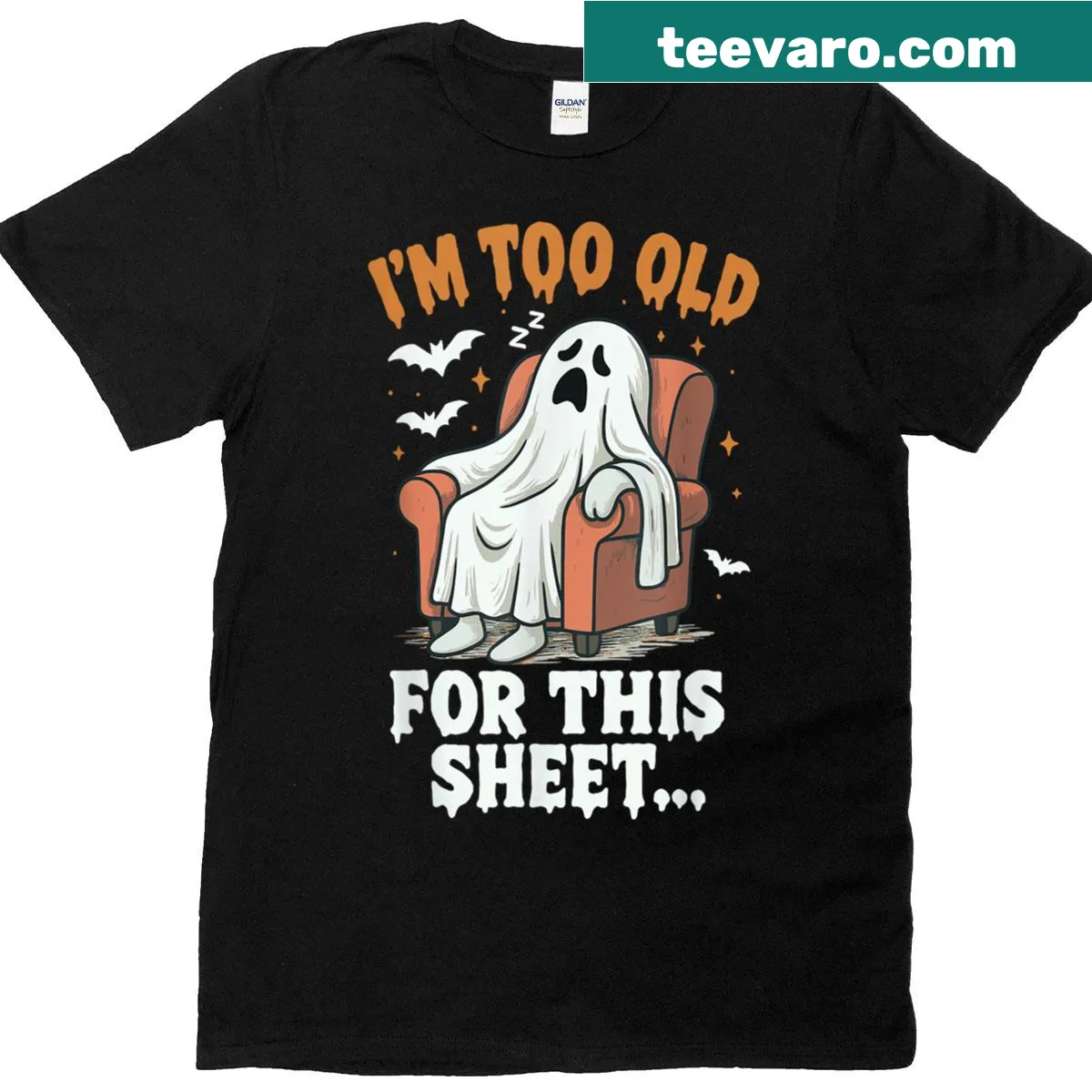 Funny Halloween t-shirt with ghost and 'I'm Too Old For This Sheet' text — on a men's t-shirt