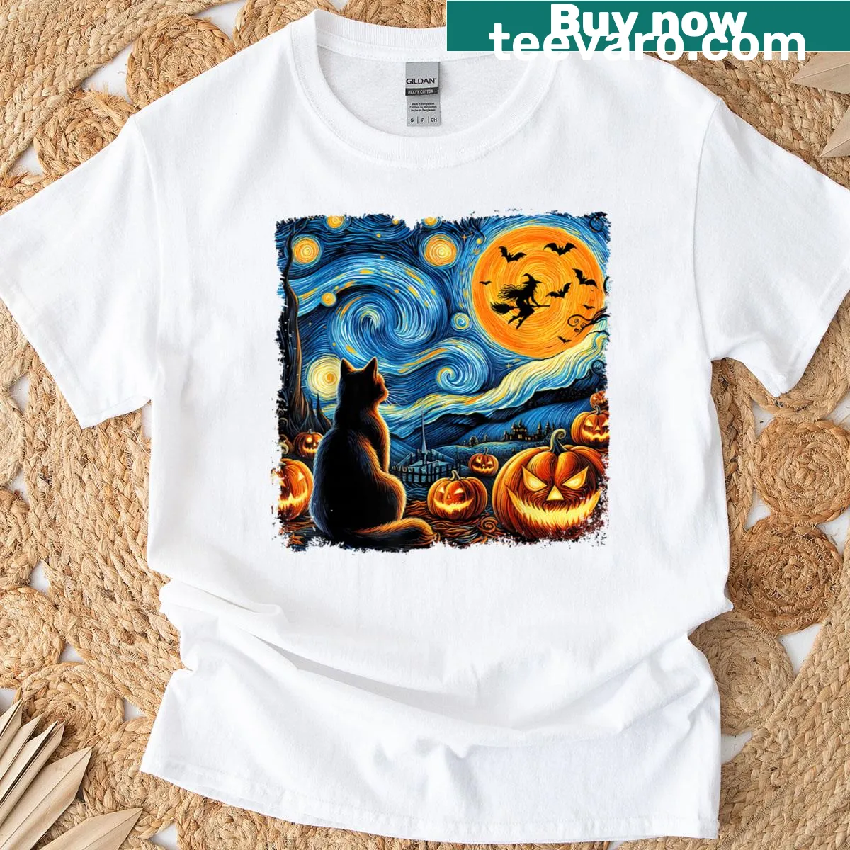 Whimsical Halloween design with black cats, pumpkins, and bats — on a men's t-shirt