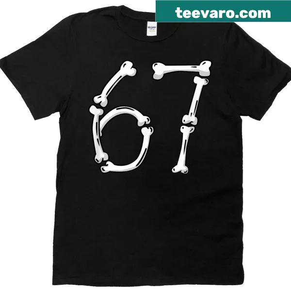 Cartoon skeleton bones forming numbers 6 and 7 on T-shirt