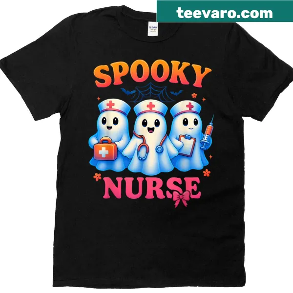 Cute ghosts and nurse graphic on Halloween T-shirt