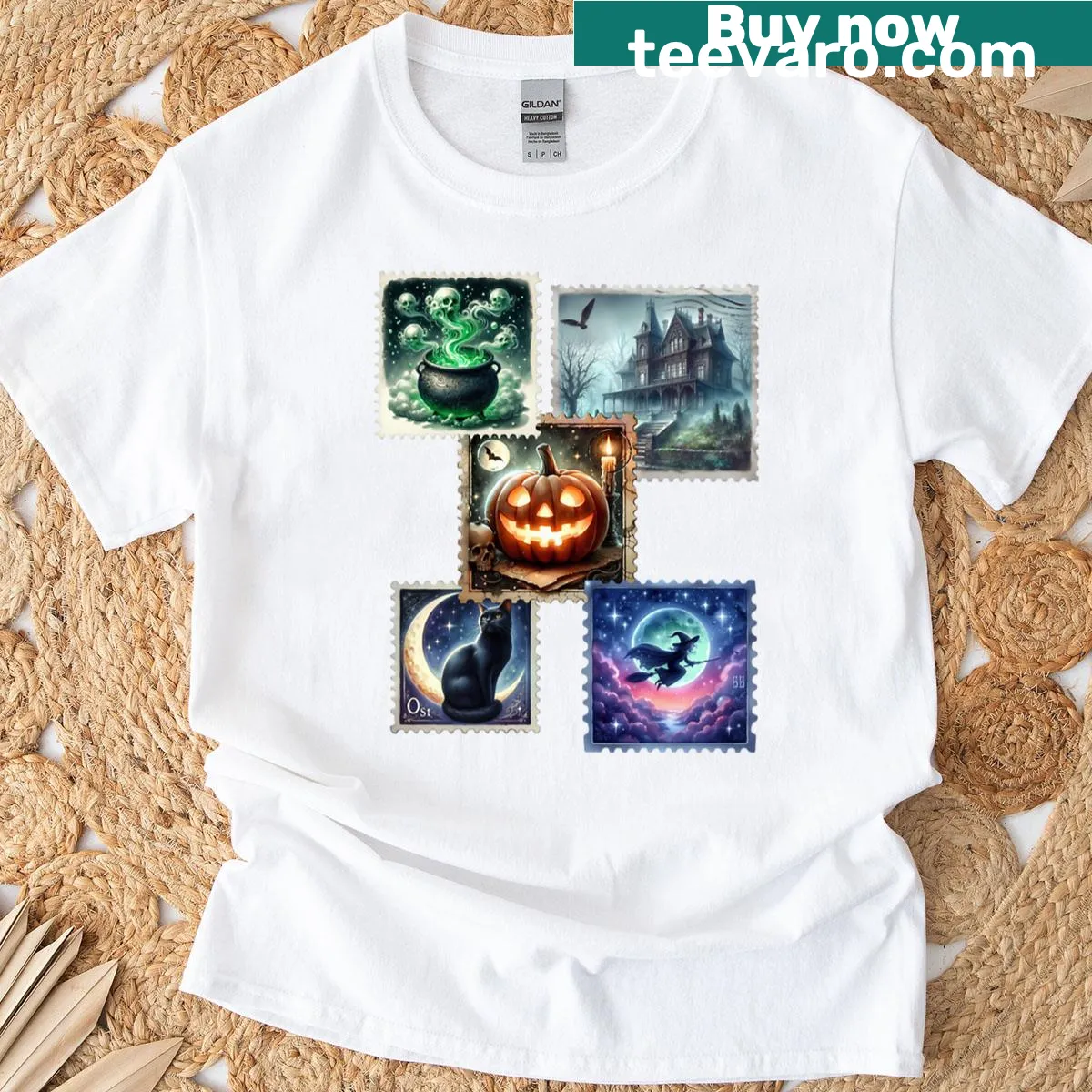 Vintage postage stamp Halloween design t-shirt — on a men's t-shirt