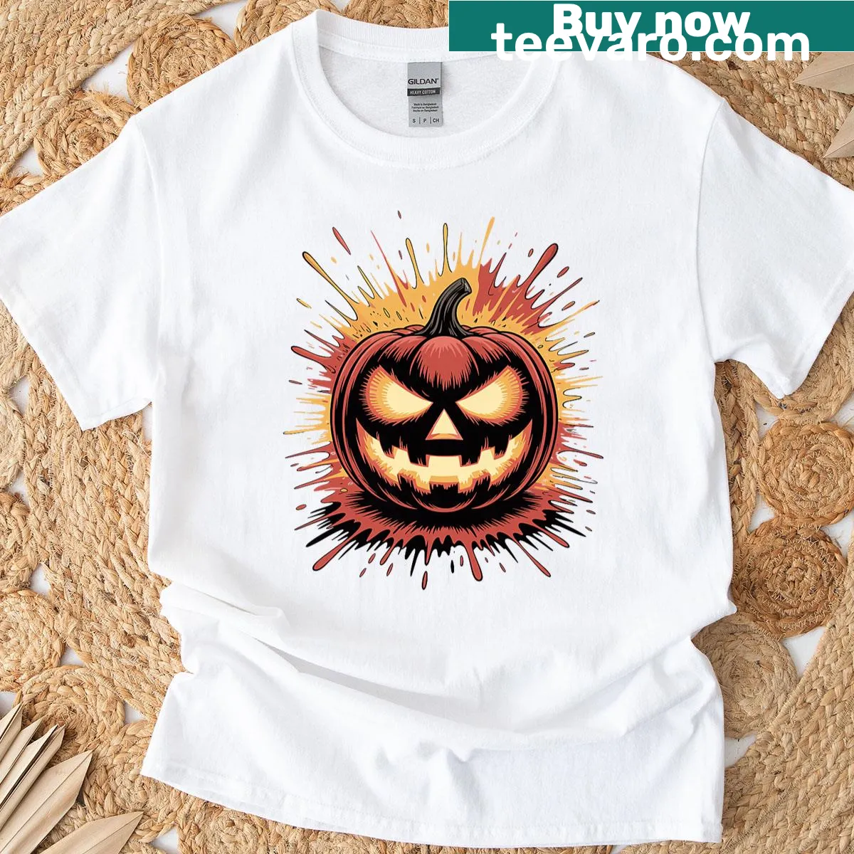 Whimsical pumpkin art printed on premium Halloween t-shirt — on a men's t-shirt