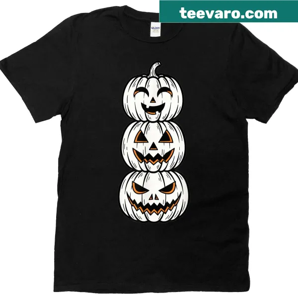 Stack of funny scary faced pumpkins graphic on a T-shirt.