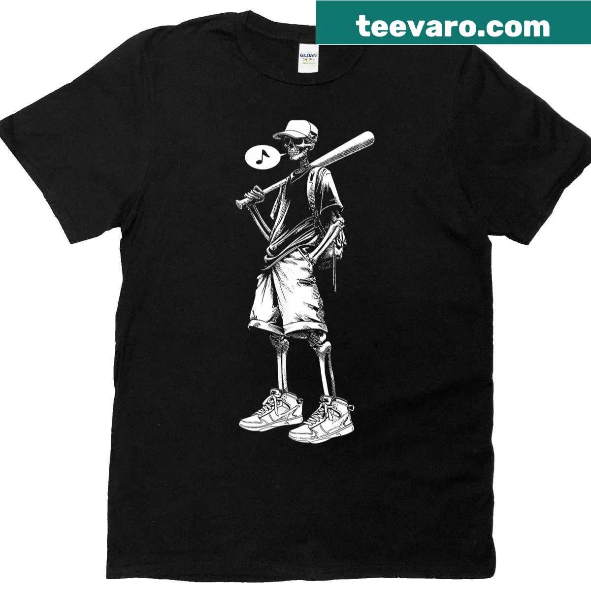 Skeleton baseball graphic for Halloween t-shirt — on a men's t-shirt