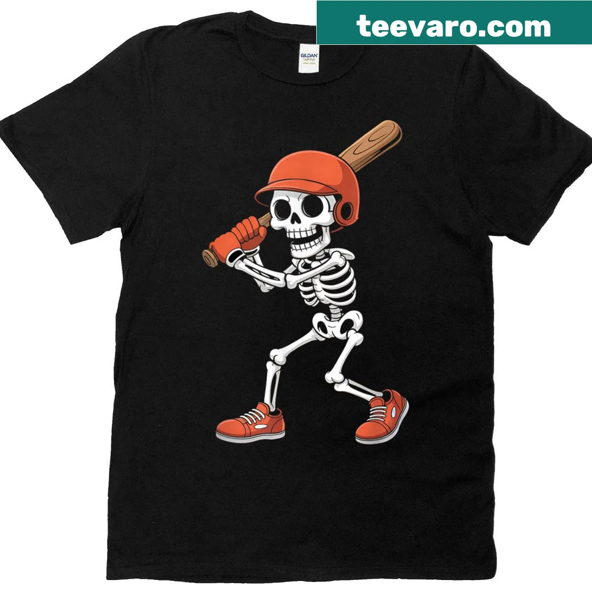 Funny Halloween baseball skeleton T-shirt for teens and men. — on a men's t-shirt