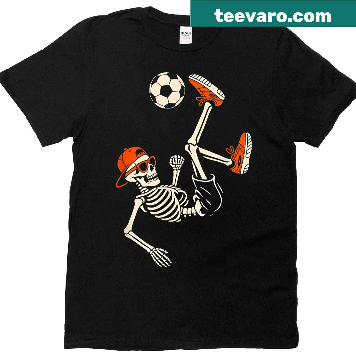 Funny Halloween t-shirt with a skeleton playing soccer — on a men's t-shirt