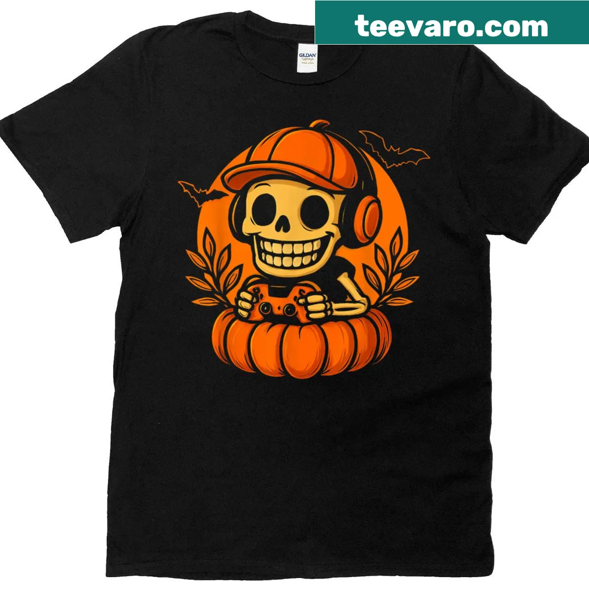 Skeleton gamer t-shirt with pumpkin and Halloween graphics — on a men's t-shirt