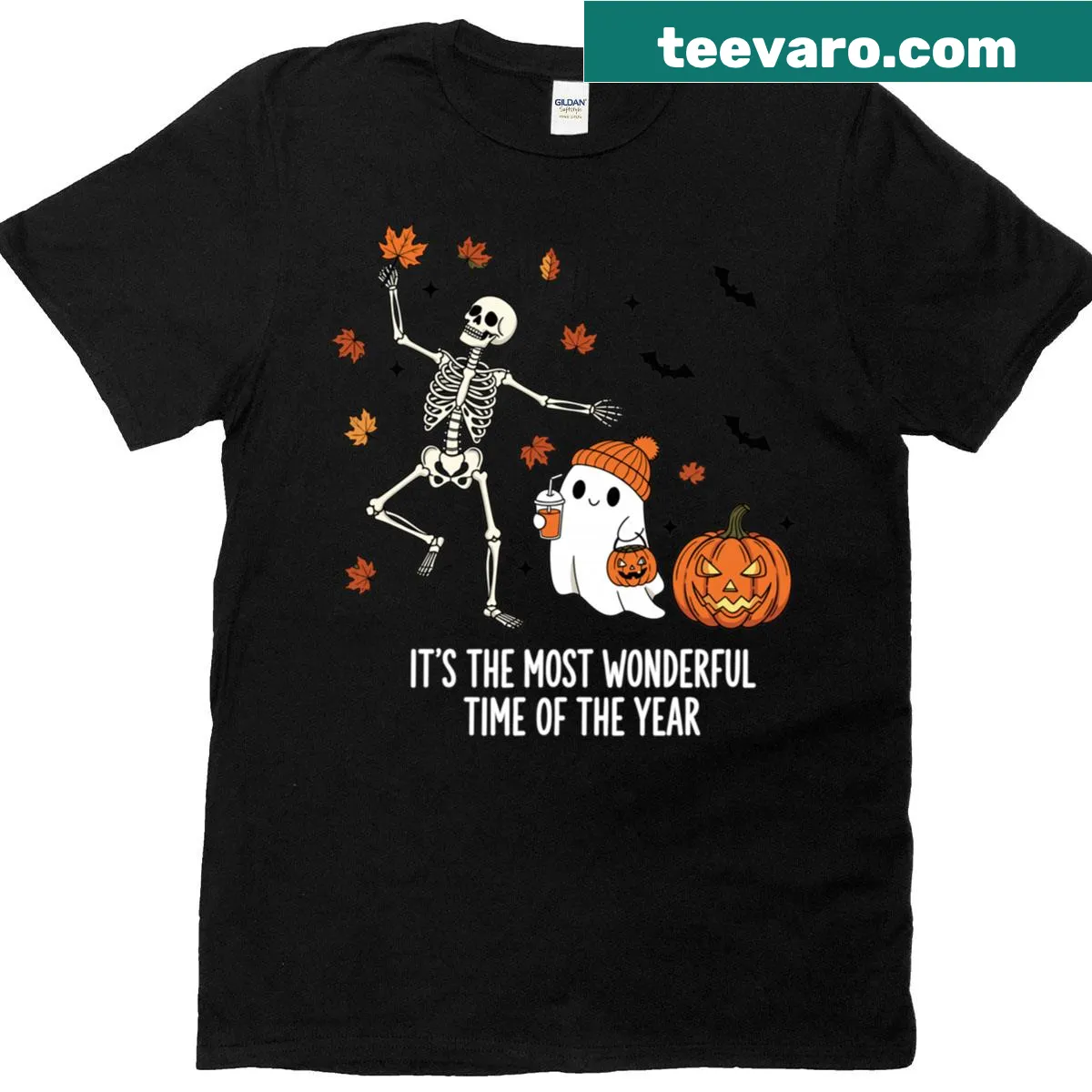 Halloween T-shirt with skeleton, ghosts, pumpkins, and autumn leaves — on a men's t-shirt