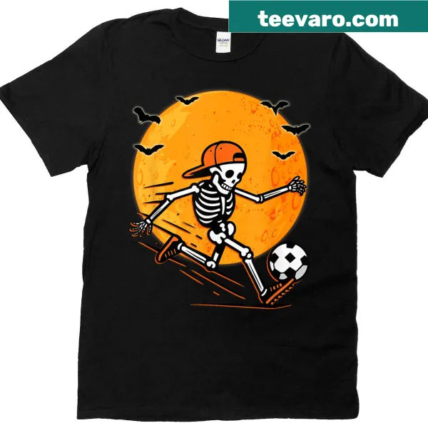 Cartoon skeleton in soccer gear Halloween T-shirt for kids